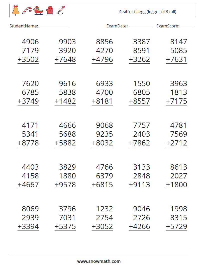 (25) 4-sifret tillegg (legger til 3 tall) MathWorksheets 15