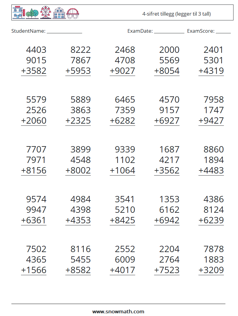 (25) 4-sifret tillegg (legger til 3 tall) MathWorksheets 17