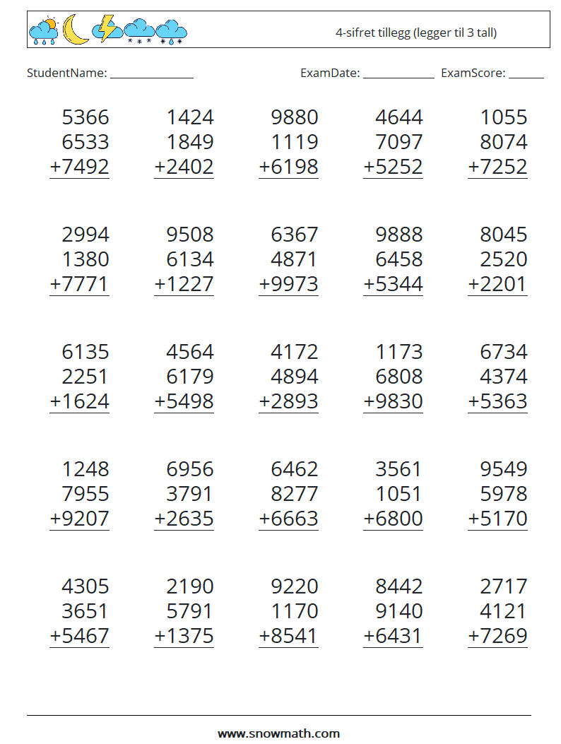 (25) 4-sifret tillegg (legger til 3 tall) MathWorksheets 18