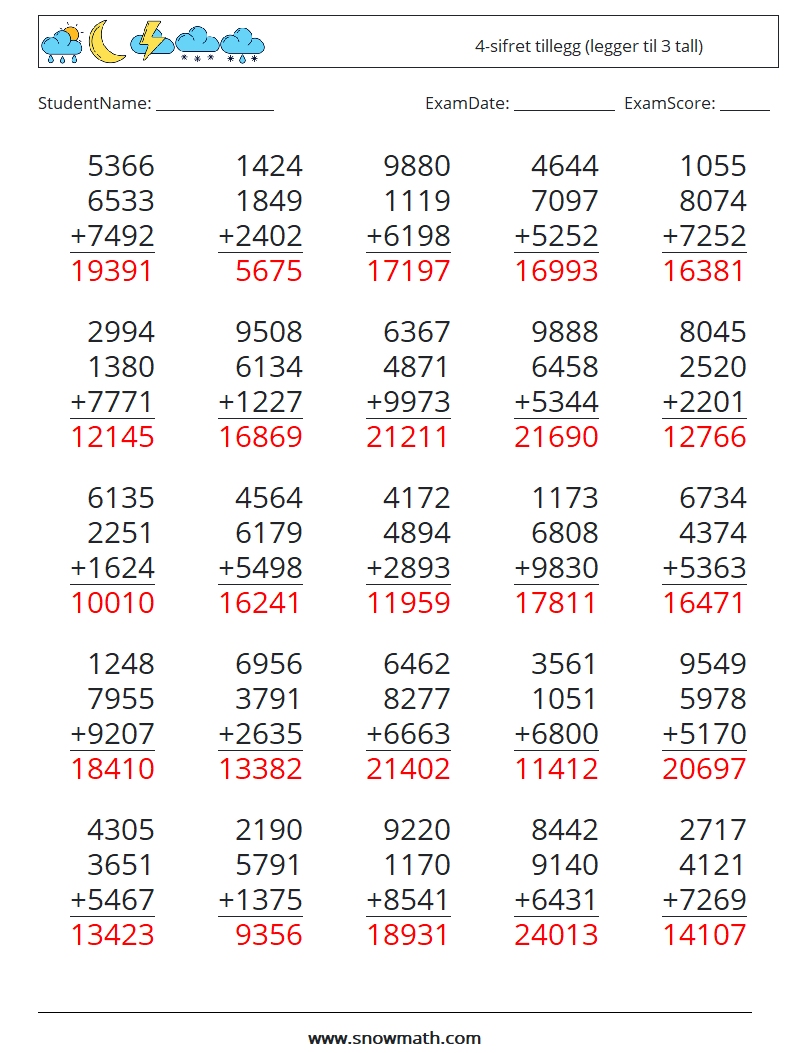 (25) 4-sifret tillegg (legger til 3 tall) MathWorksheets 18 QuestionAnswer