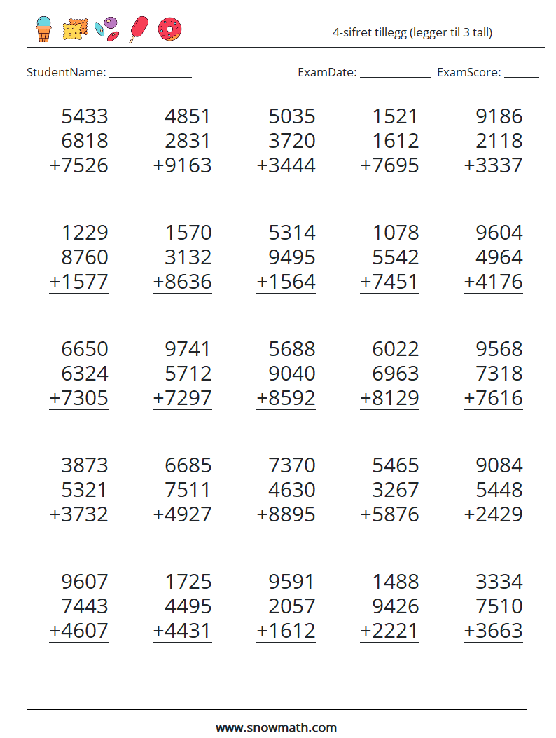 (25) 4-sifret tillegg (legger til 3 tall) MathWorksheets 2