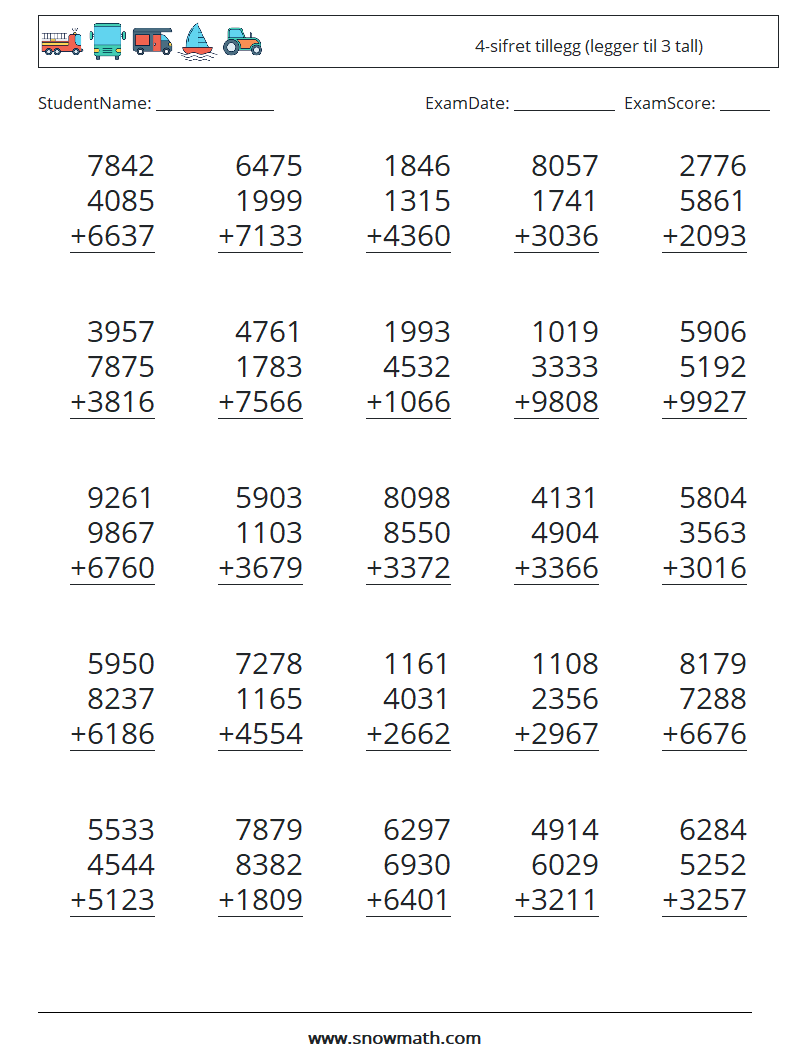 (25) 4-sifret tillegg (legger til 3 tall) MathWorksheets 7