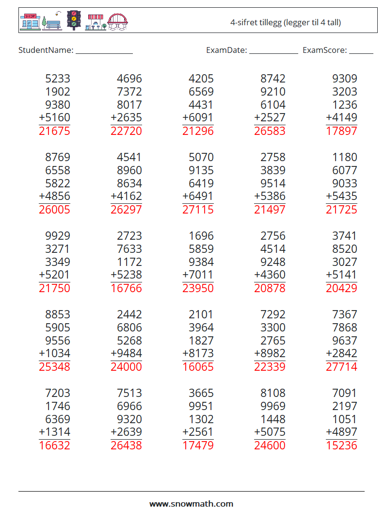 (25) 4-sifret tillegg (legger til 4 tall) MathWorksheets 17 QuestionAnswer
