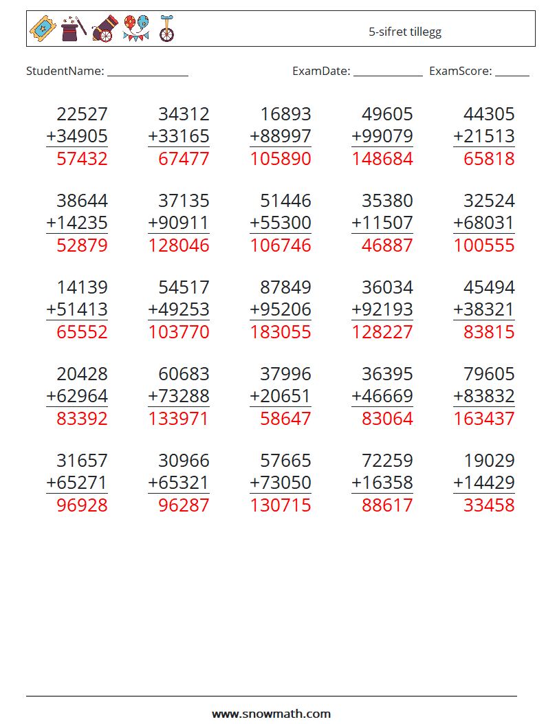 (25) 5-sifret tillegg MathWorksheets 11 QuestionAnswer