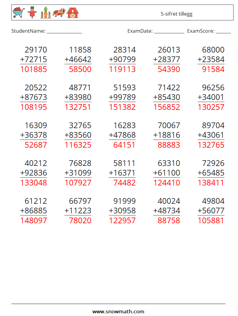 (25) 5-sifret tillegg MathWorksheets 13 QuestionAnswer