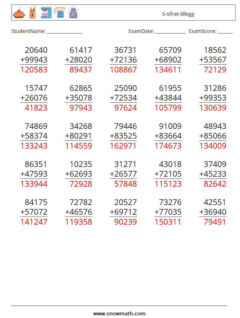 (25) 5-sifret tillegg MathWorksheets 15 QuestionAnswer