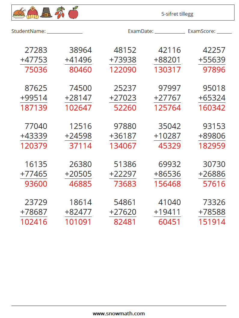 (25) 5-sifret tillegg MathWorksheets 17 QuestionAnswer