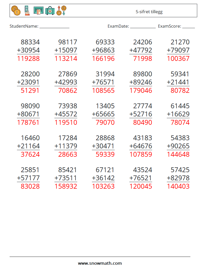 (25) 5-sifret tillegg MathWorksheets 18 QuestionAnswer