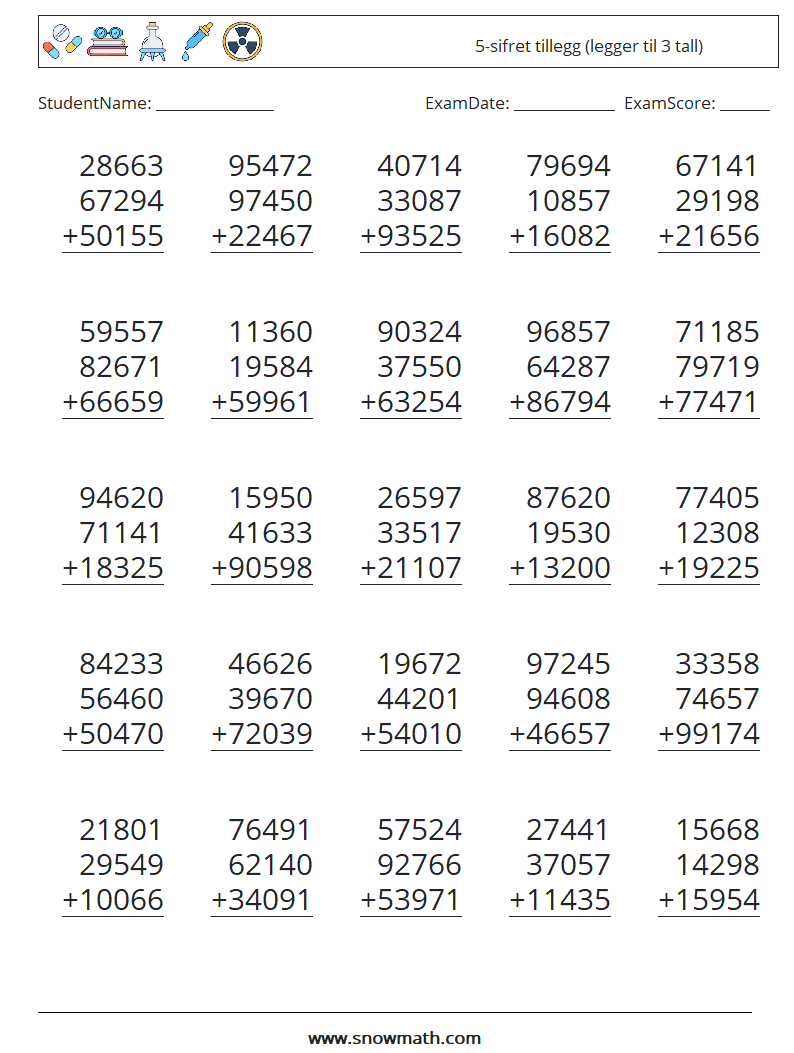 (25) 5-sifret tillegg (legger til 3 tall) MathWorksheets 6