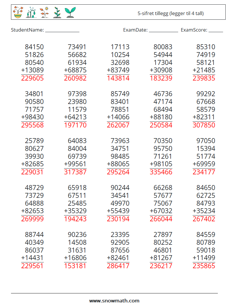 (25) 5-sifret tillegg (legger til 4 tall) MathWorksheets 18 QuestionAnswer
