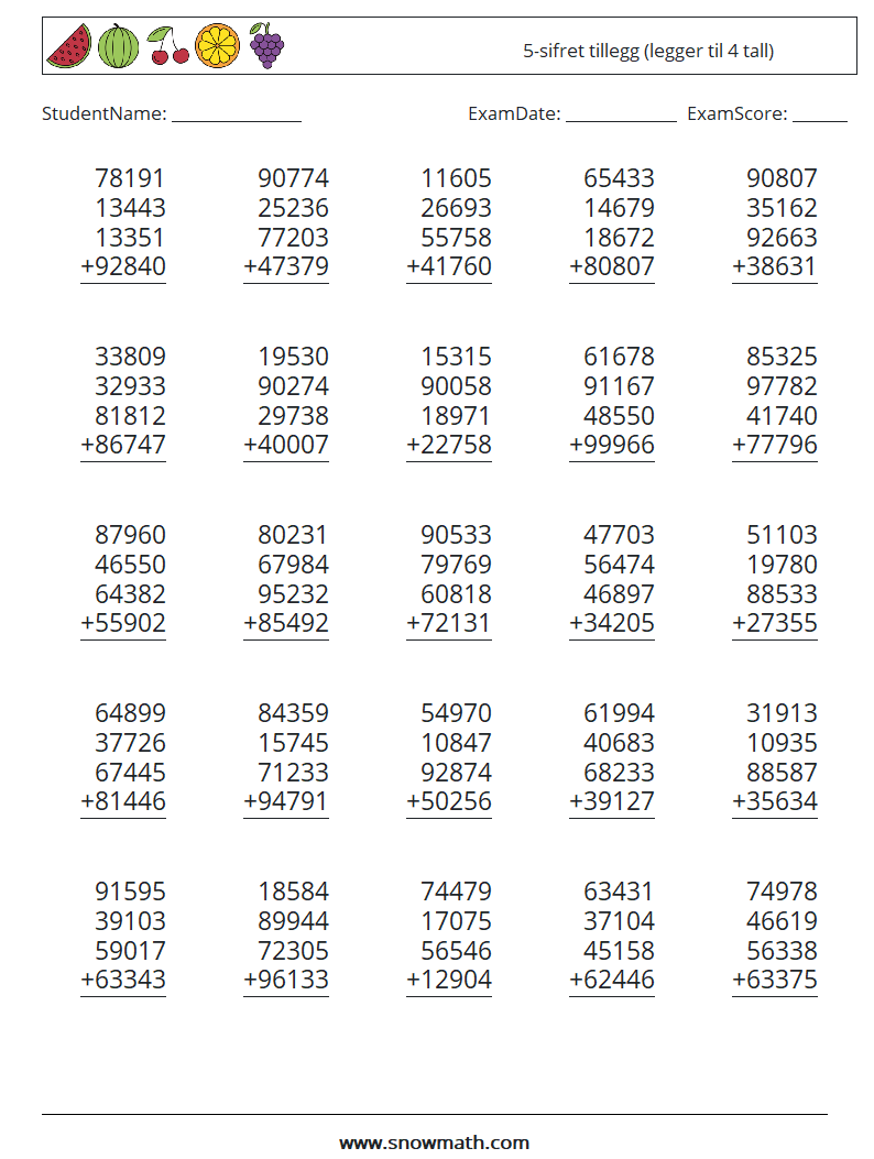 (25) 5-sifret tillegg (legger til 4 tall) MathWorksheets 5
