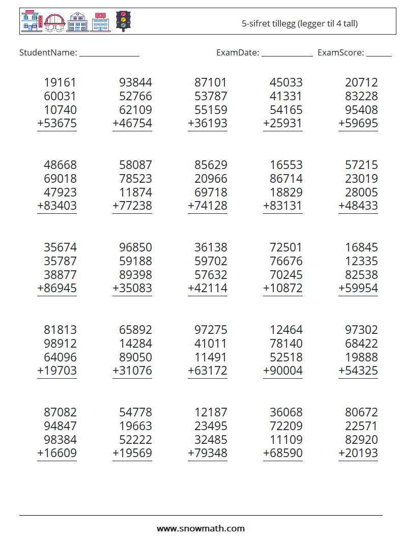 (25) 5-sifret tillegg (legger til 4 tall) MathWorksheets 7