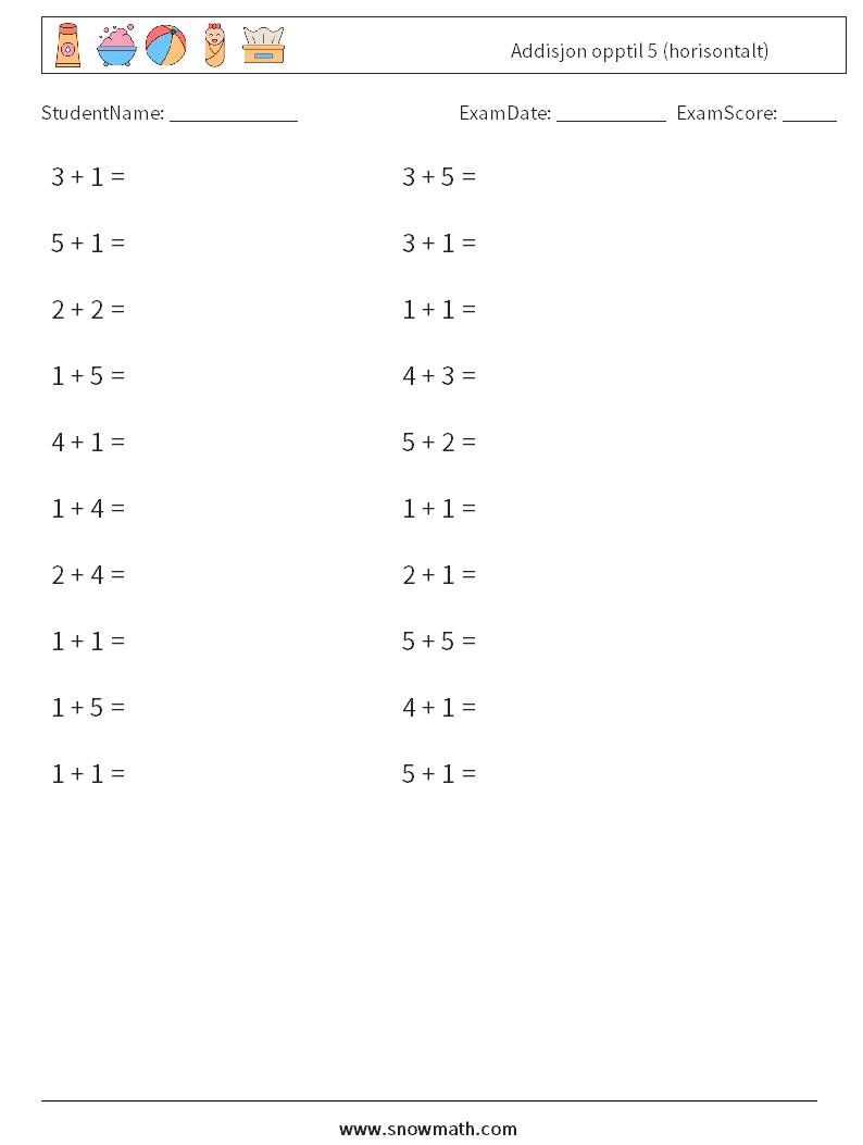 (20) Addisjon opptil 5 (horisontalt) MathWorksheets 6