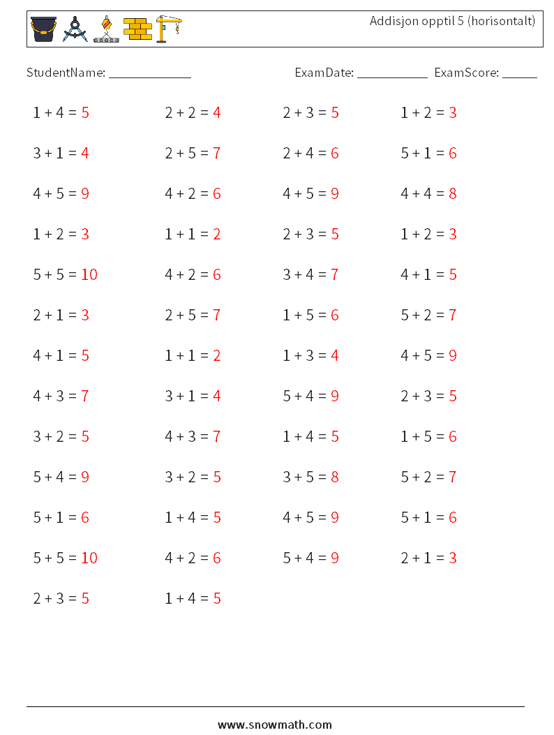 (50) Addisjon opptil 5 (horisontalt) MathWorksheets 1 QuestionAnswer