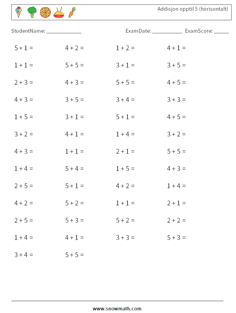 (50) Addisjon opptil 5 (horisontalt) MathWorksheets 2
