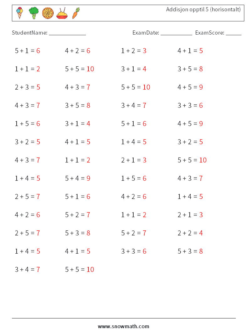 (50) Addisjon opptil 5 (horisontalt) MathWorksheets 2 QuestionAnswer