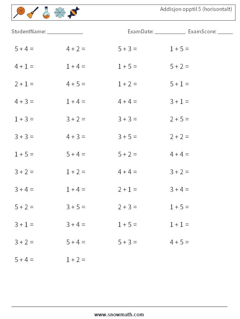 (50) Addisjon opptil 5 (horisontalt) MathWorksheets 3