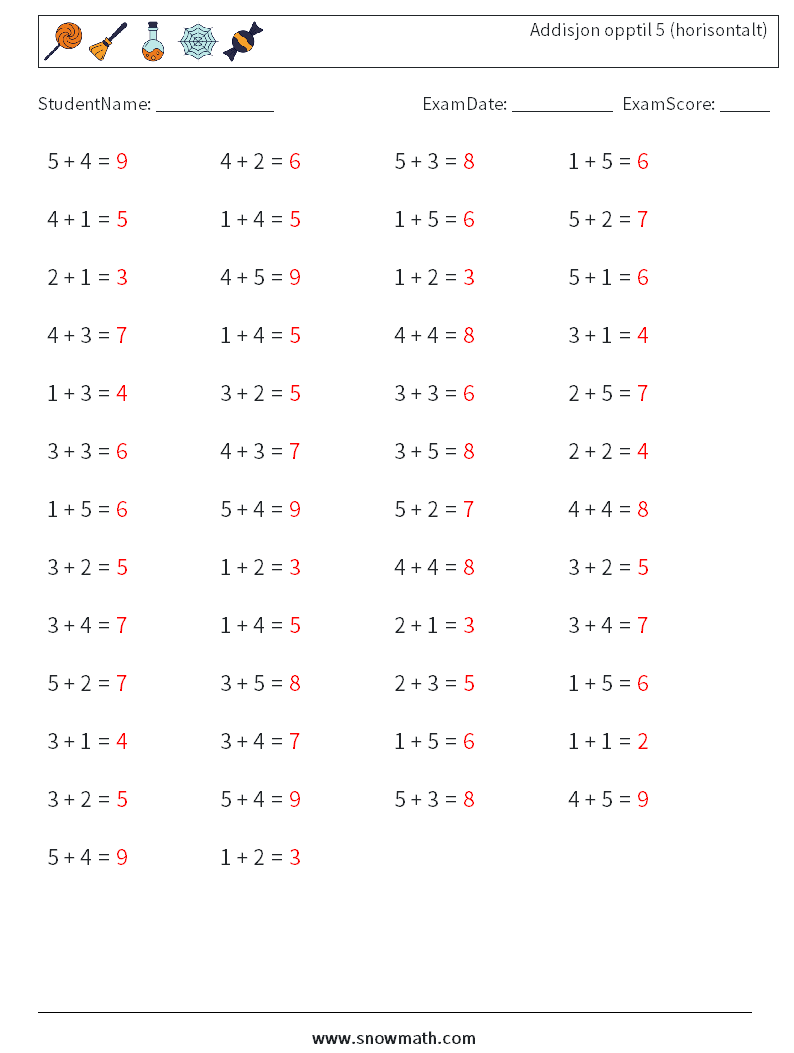 (50) Addisjon opptil 5 (horisontalt) MathWorksheets 3 QuestionAnswer
