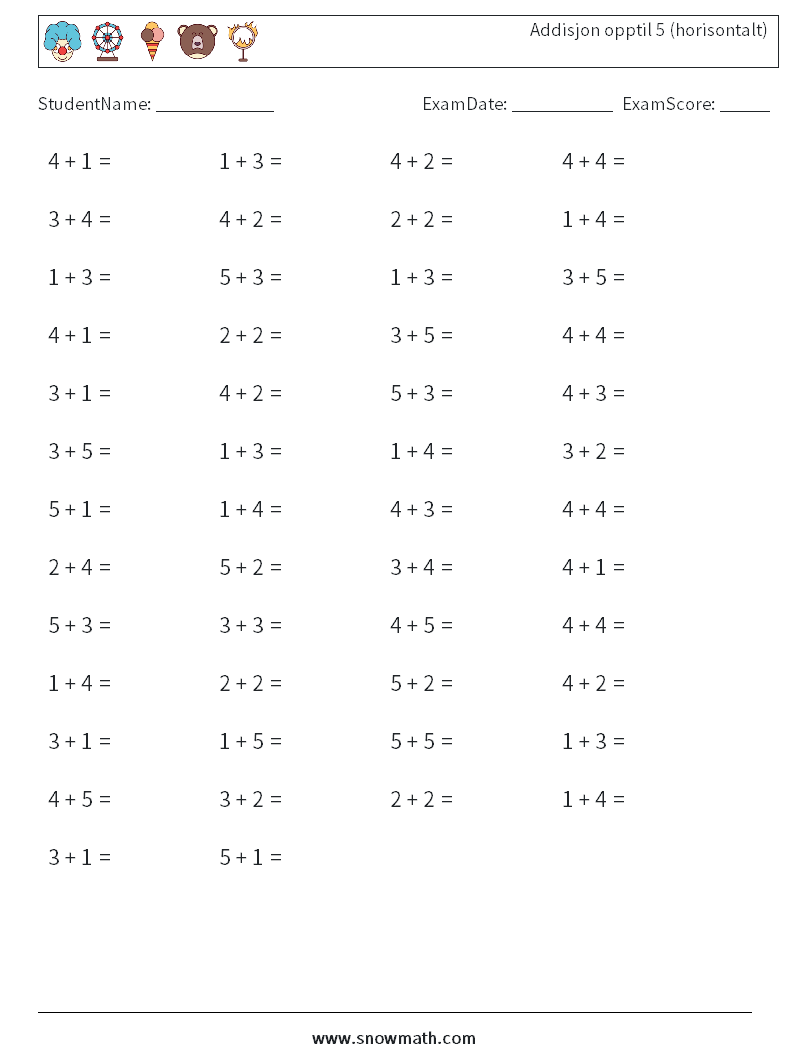 (50) Addisjon opptil 5 (horisontalt) MathWorksheets 4