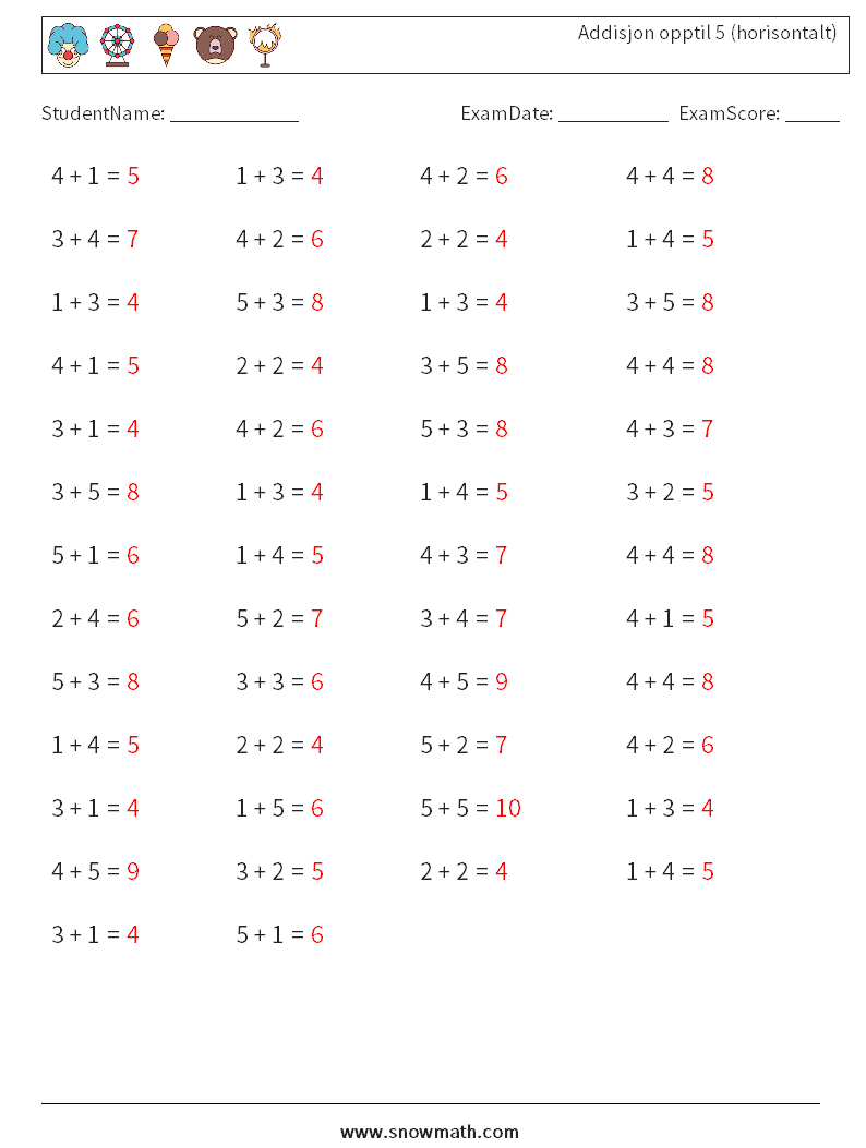 (50) Addisjon opptil 5 (horisontalt) MathWorksheets 4 QuestionAnswer