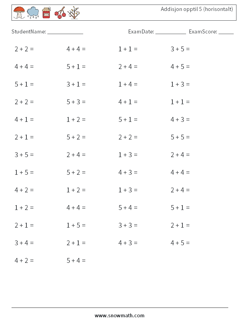 (50) Addisjon opptil 5 (horisontalt) MathWorksheets 5
