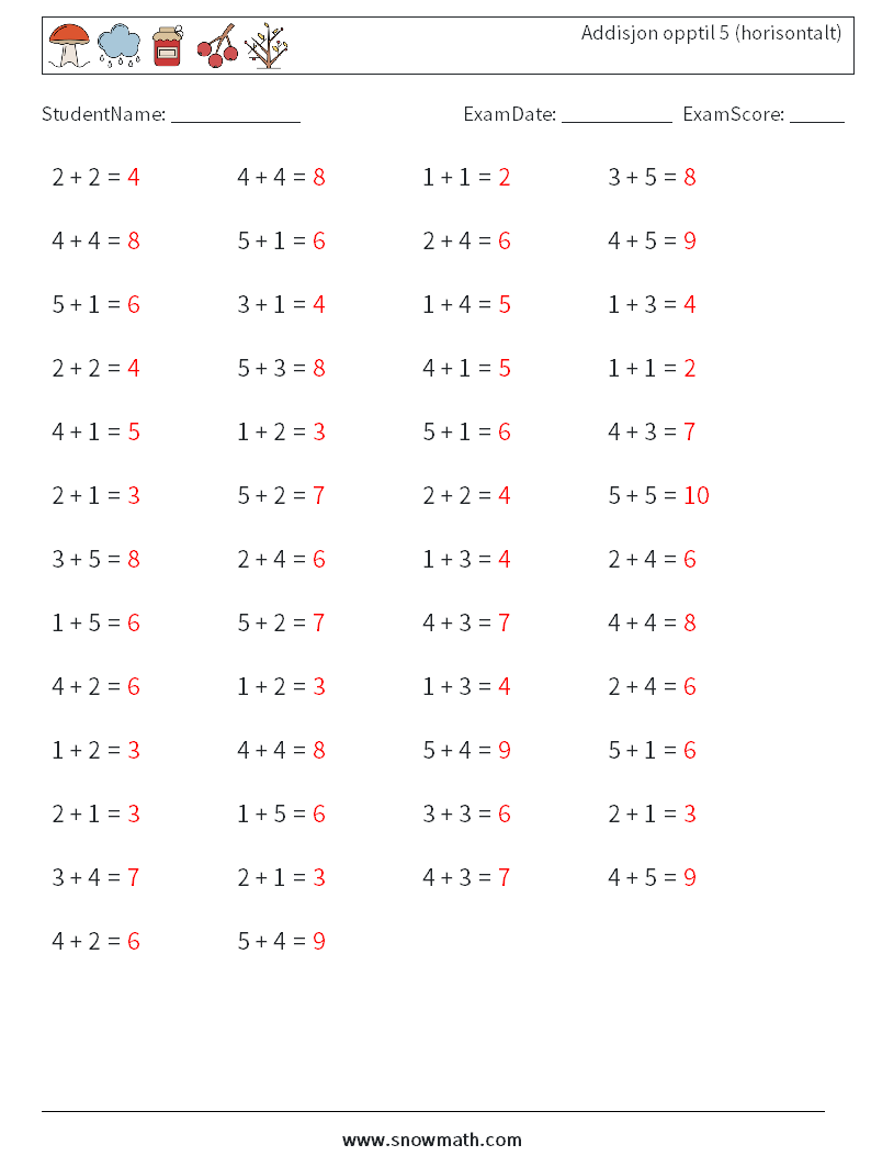 (50) Addisjon opptil 5 (horisontalt) MathWorksheets 5 QuestionAnswer
