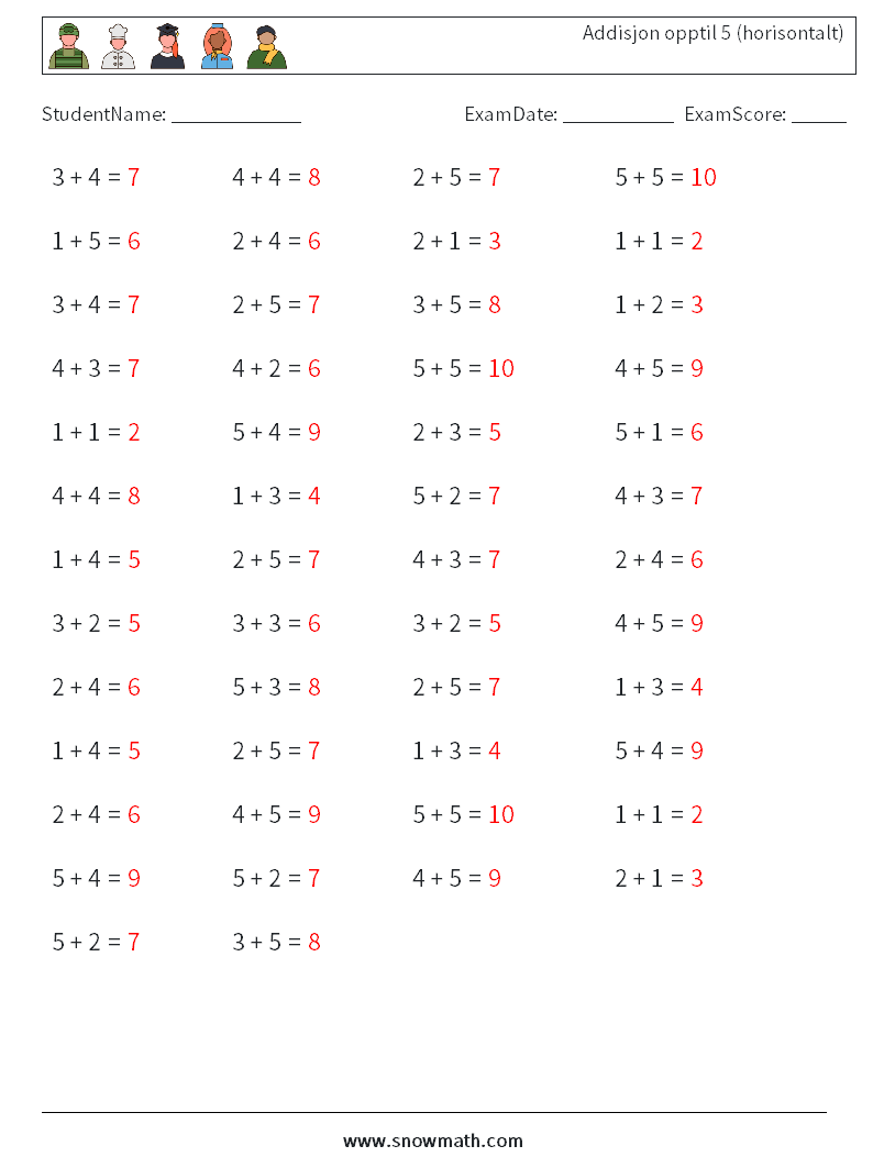 (50) Addisjon opptil 5 (horisontalt) MathWorksheets 6 QuestionAnswer