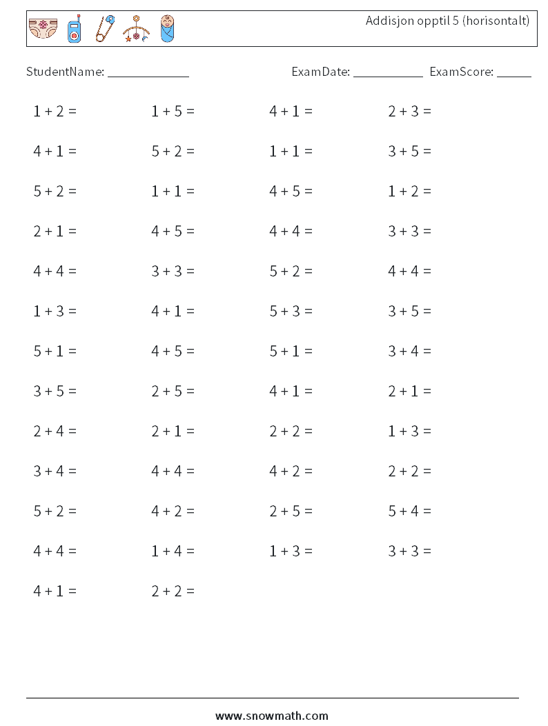 (50) Addisjon opptil 5 (horisontalt) MathWorksheets 7