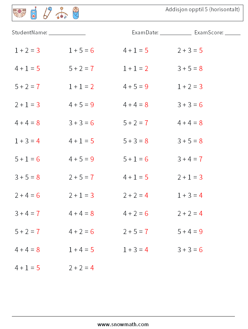 (50) Addisjon opptil 5 (horisontalt) MathWorksheets 7 QuestionAnswer