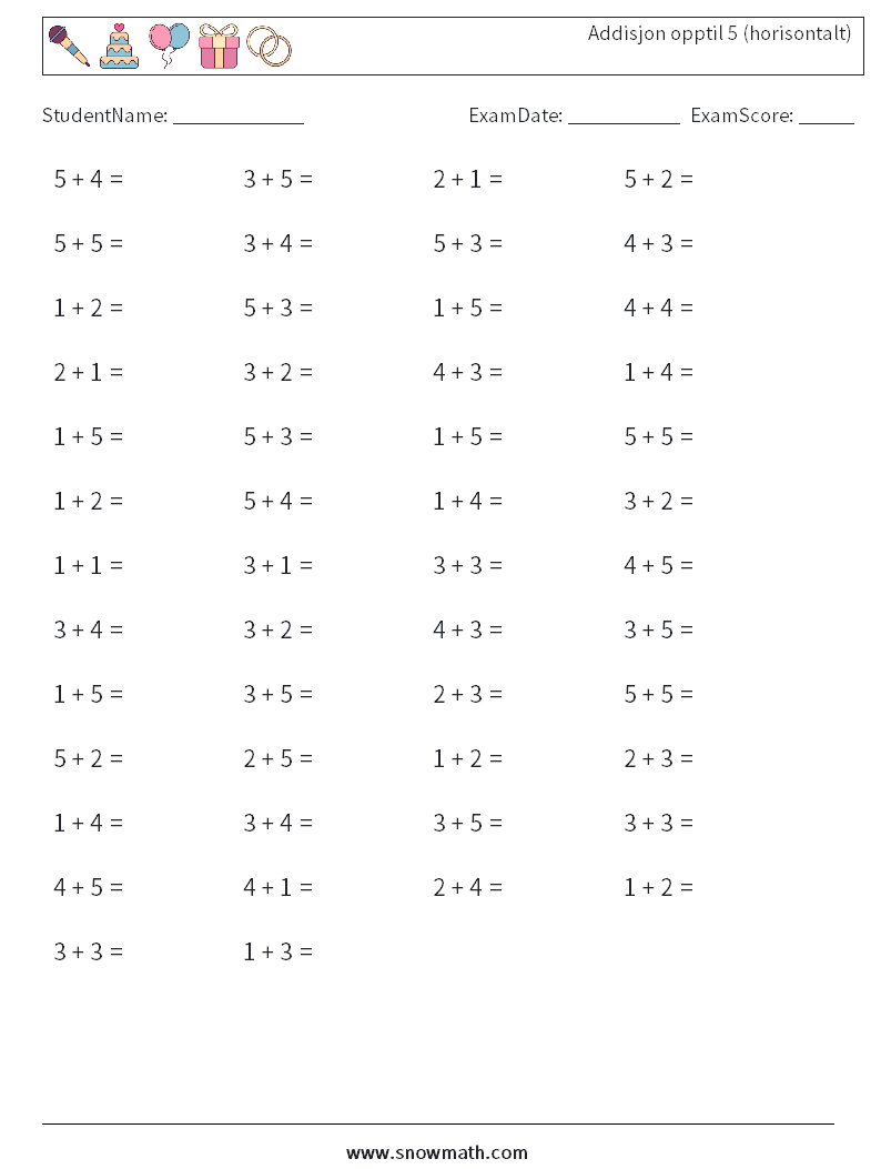 (50) Addisjon opptil 5 (horisontalt) MathWorksheets 8