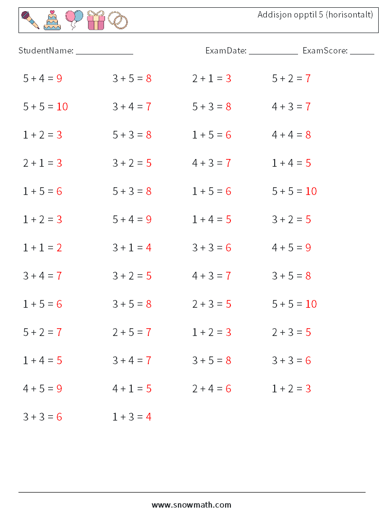 (50) Addisjon opptil 5 (horisontalt) MathWorksheets 8 QuestionAnswer