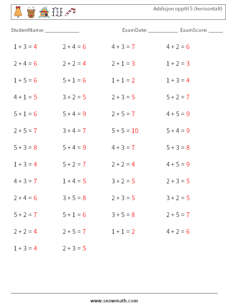 (50) Addisjon opptil 5 (horisontalt) MathWorksheets 9 QuestionAnswer