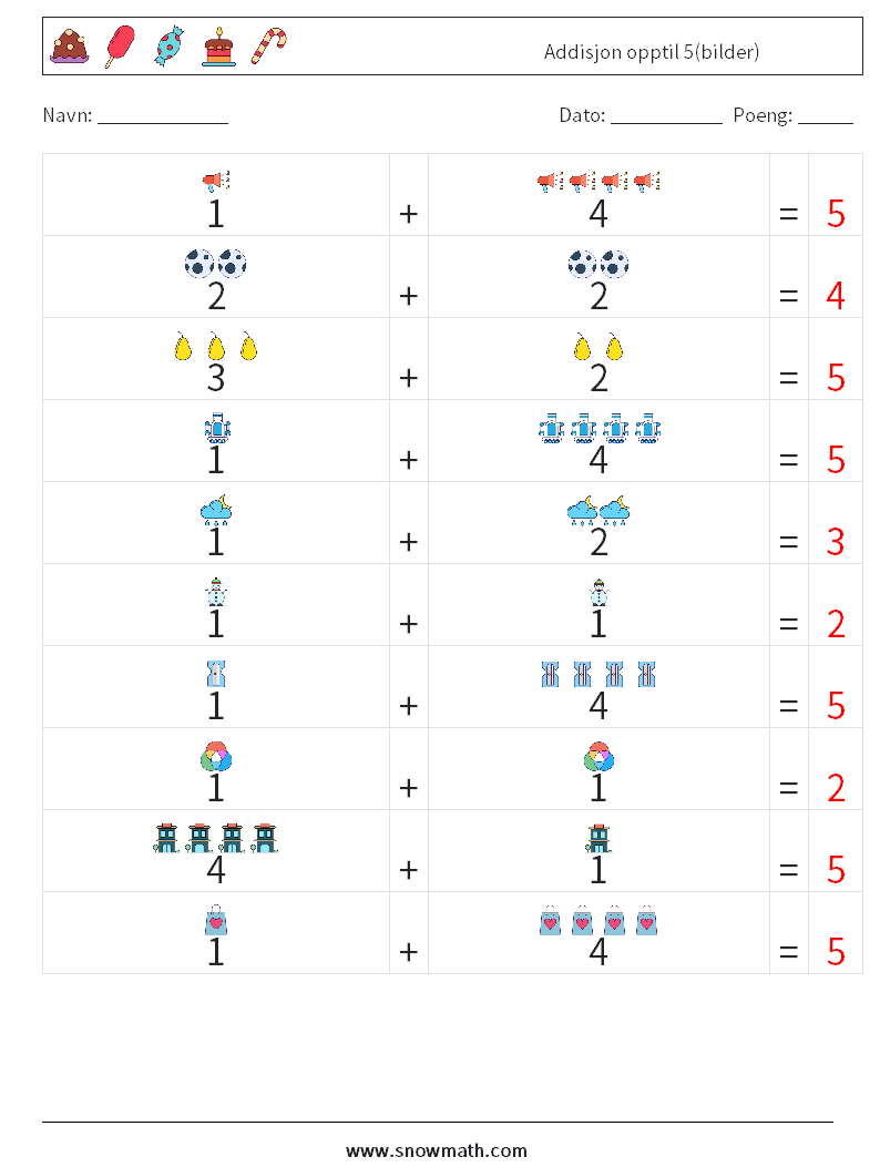 Addisjon opptil 5(bilder) MathWorksheets 10 QuestionAnswer