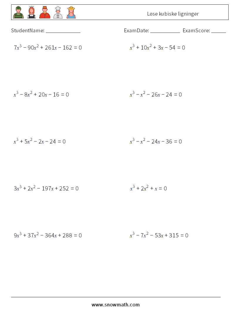 Løse kubiske ligninger MathWorksheets 2