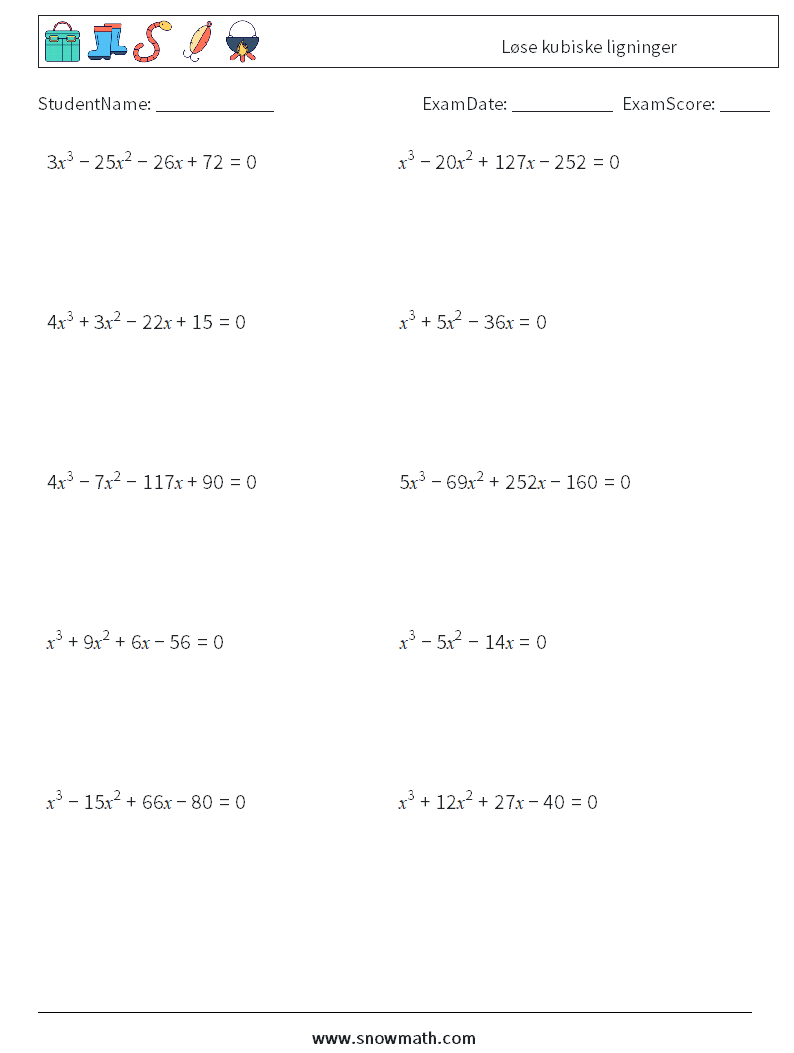 Løse kubiske ligninger MathWorksheets 8