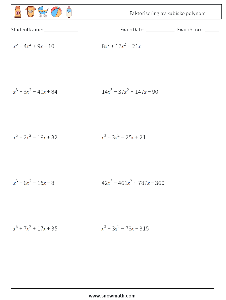 Faktorisering av kubiske polynom MathWorksheets 3