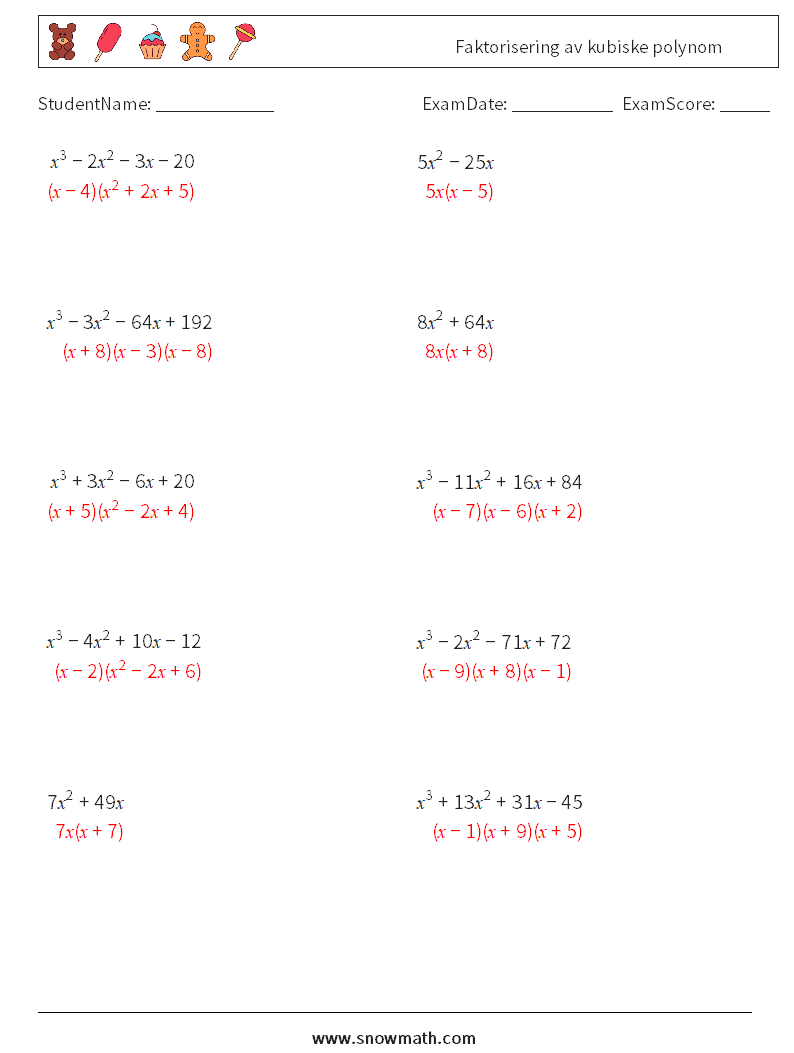 Faktorisering av kubiske polynom MathWorksheets 5 QuestionAnswer