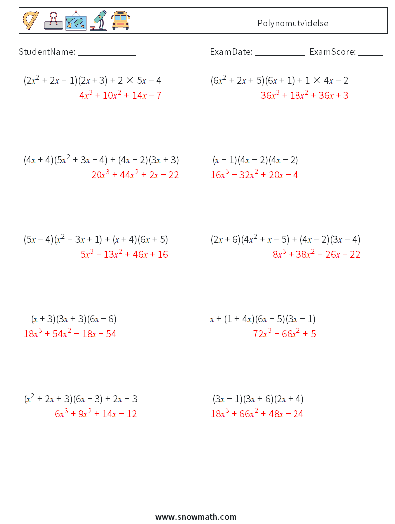 Polynomutvidelse MathWorksheets 4 QuestionAnswer