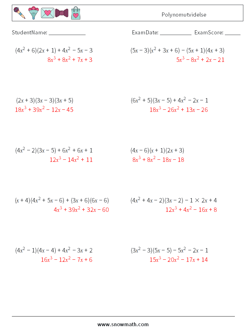 Polynomutvidelse MathWorksheets 5 QuestionAnswer