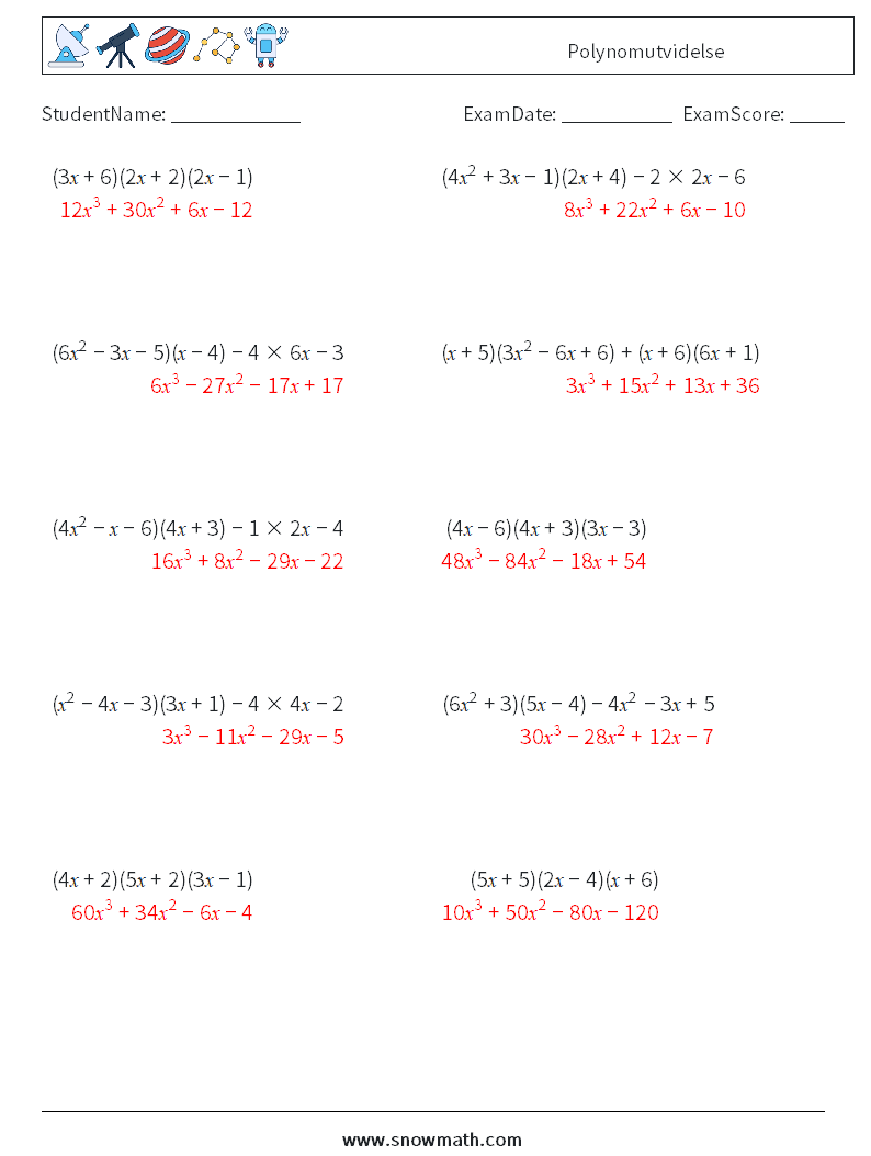 Polynomutvidelse MathWorksheets 7 QuestionAnswer