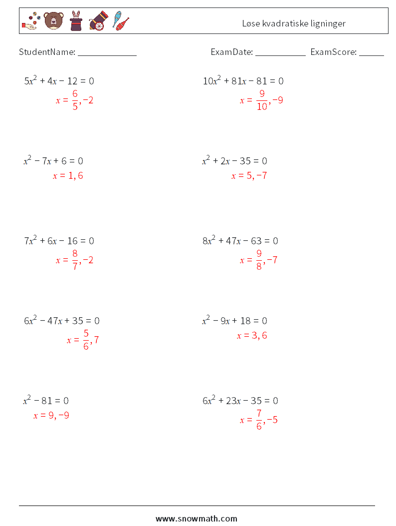 Løse kvadratiske ligninger MathWorksheets 1 QuestionAnswer