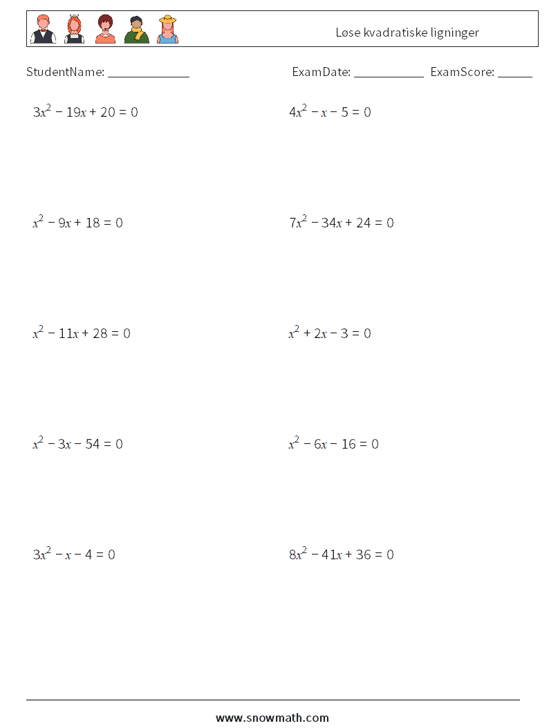 Løse kvadratiske ligninger MathWorksheets 2