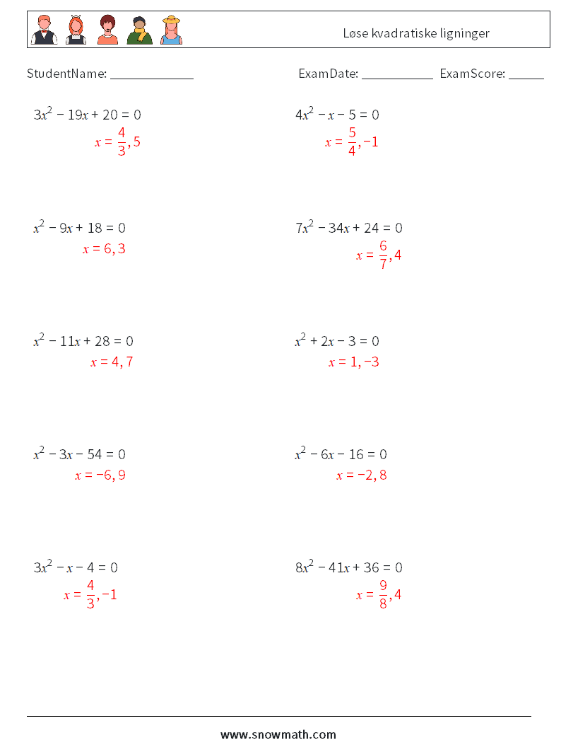Løse kvadratiske ligninger MathWorksheets 2 QuestionAnswer