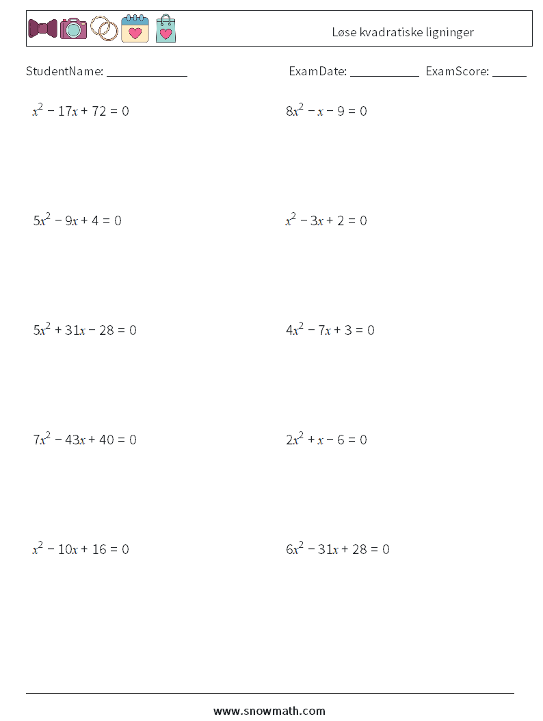 Løse kvadratiske ligninger MathWorksheets 3