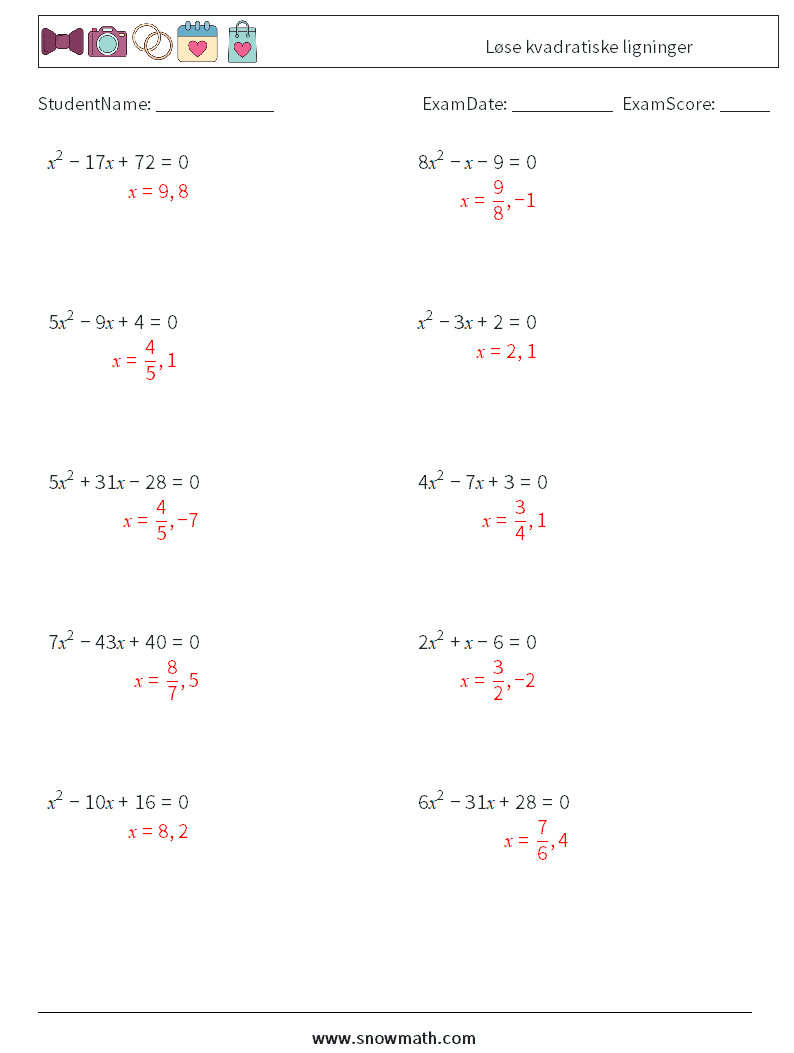 Løse kvadratiske ligninger MathWorksheets 3 QuestionAnswer