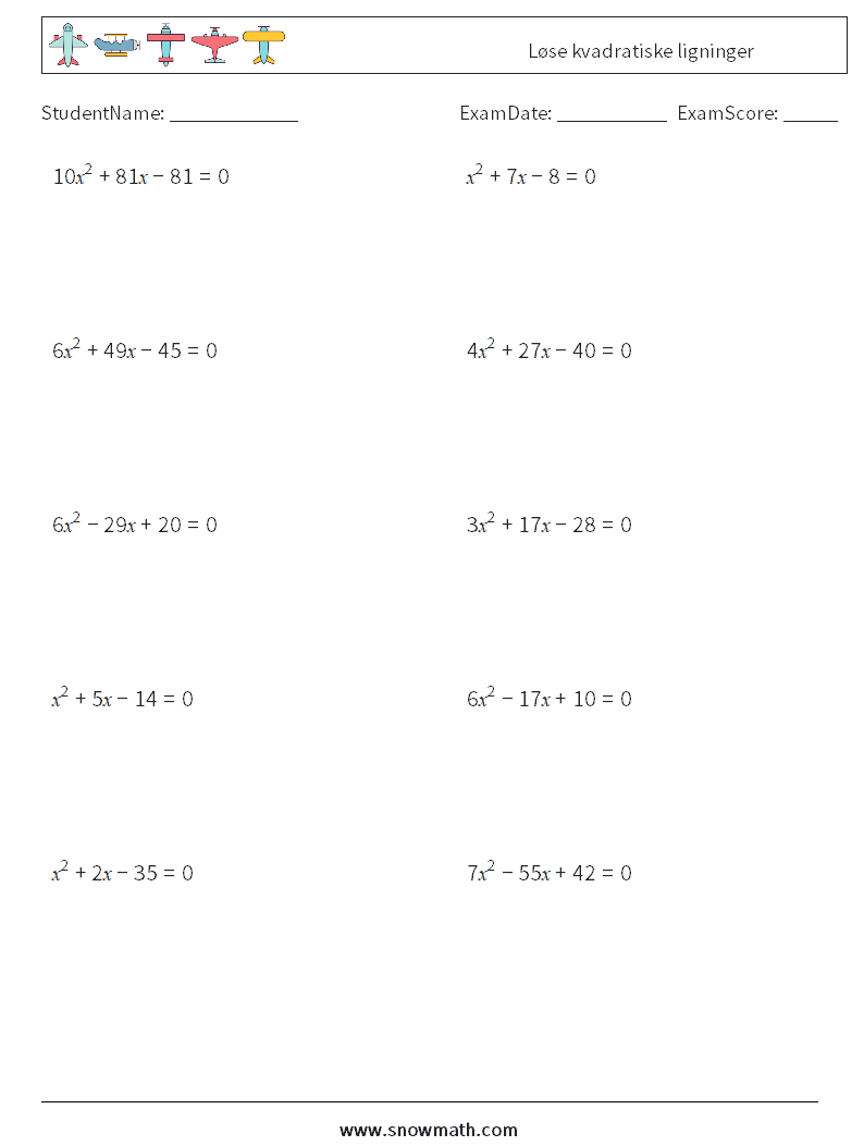 Løse kvadratiske ligninger MathWorksheets 4