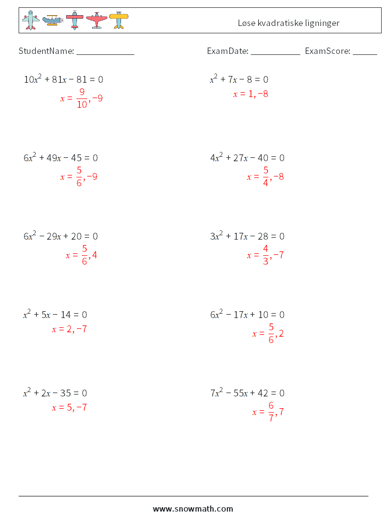Løse kvadratiske ligninger MathWorksheets 4 QuestionAnswer