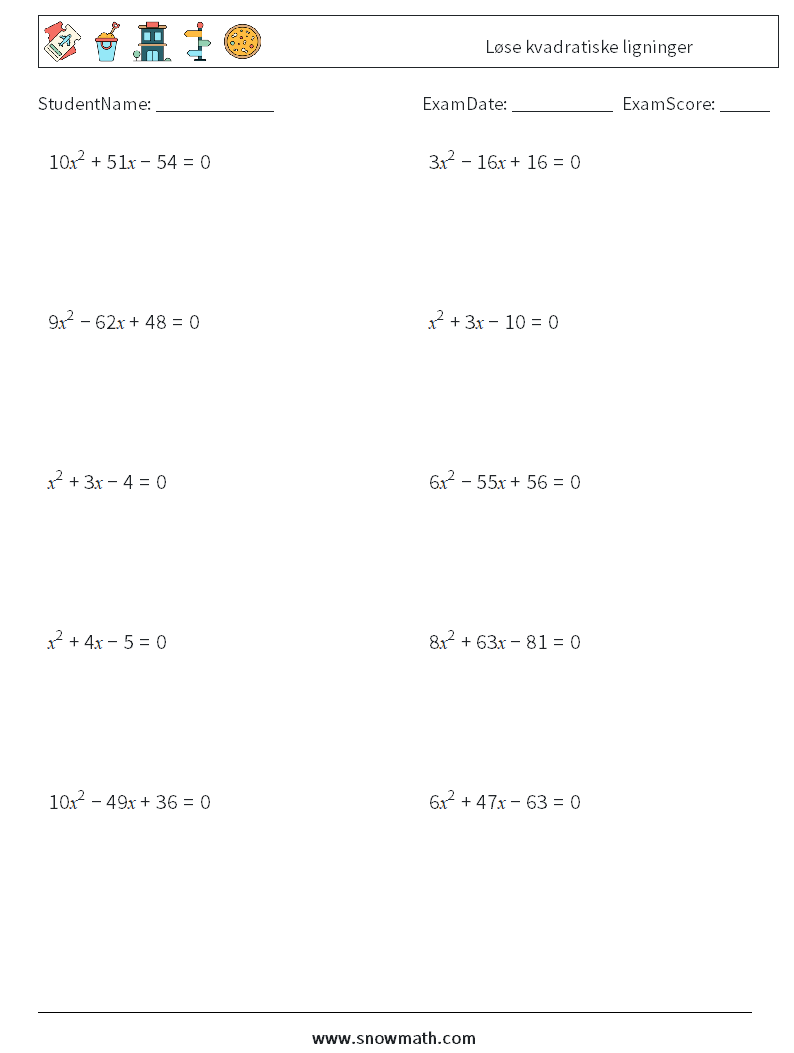 Løse kvadratiske ligninger MathWorksheets 5