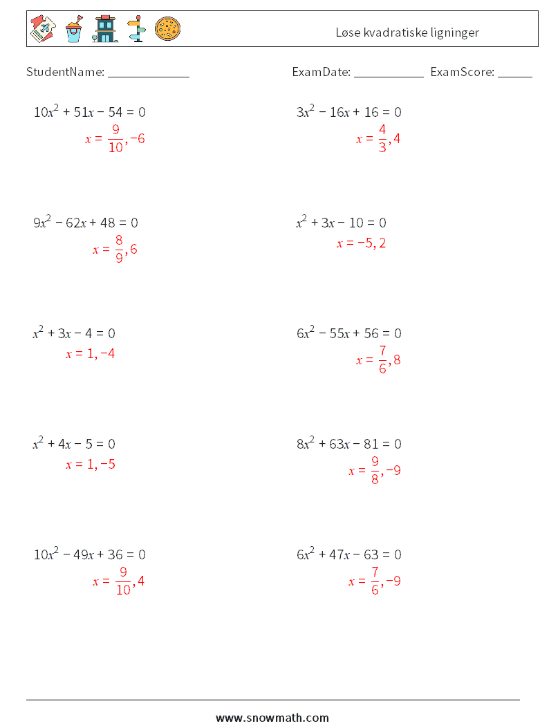 Løse kvadratiske ligninger MathWorksheets 5 QuestionAnswer