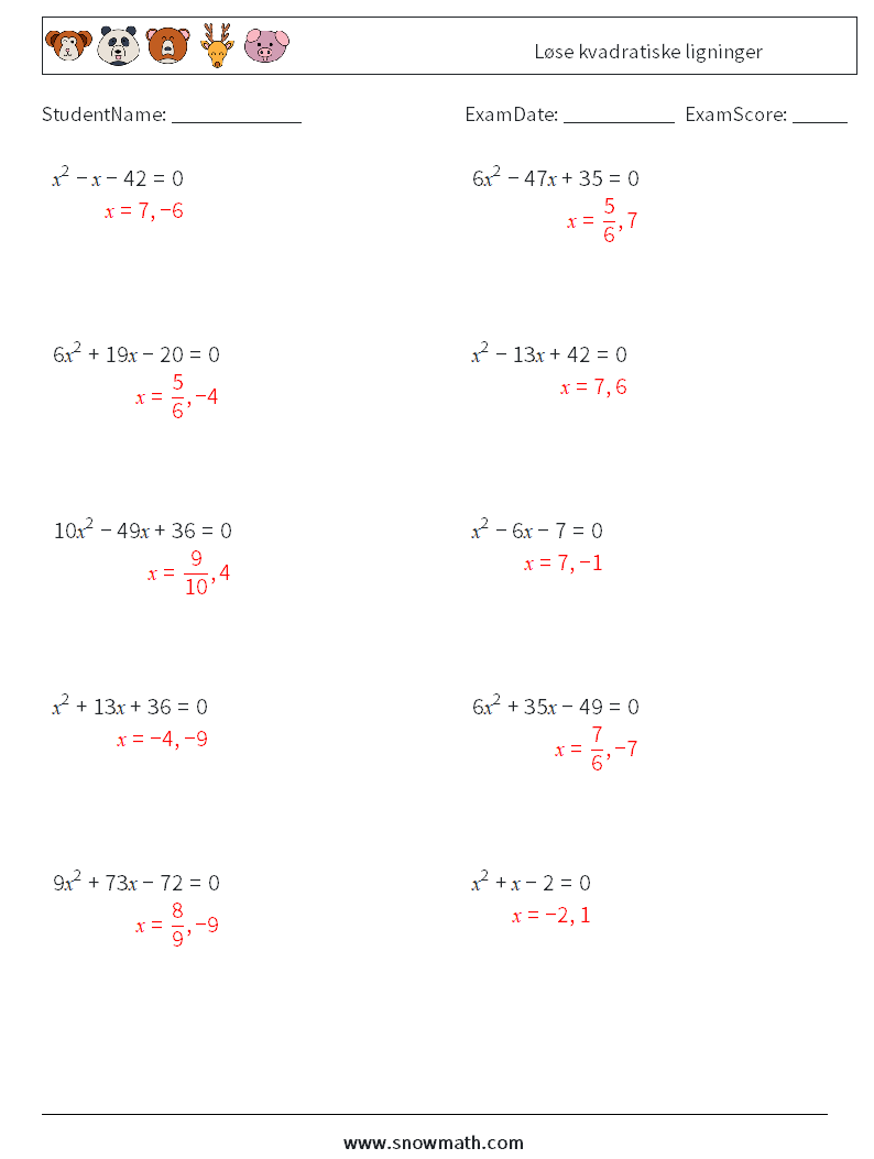Løse kvadratiske ligninger MathWorksheets 6 QuestionAnswer